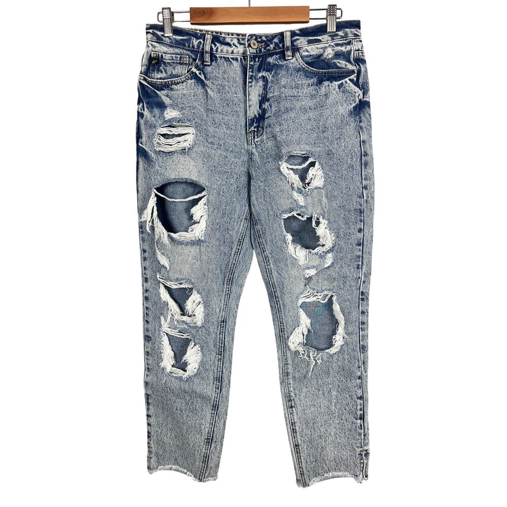 KanCan Womens 9/28 Collie High Rise Distressed Ripped Grunge Punk Mom Blue Jeans